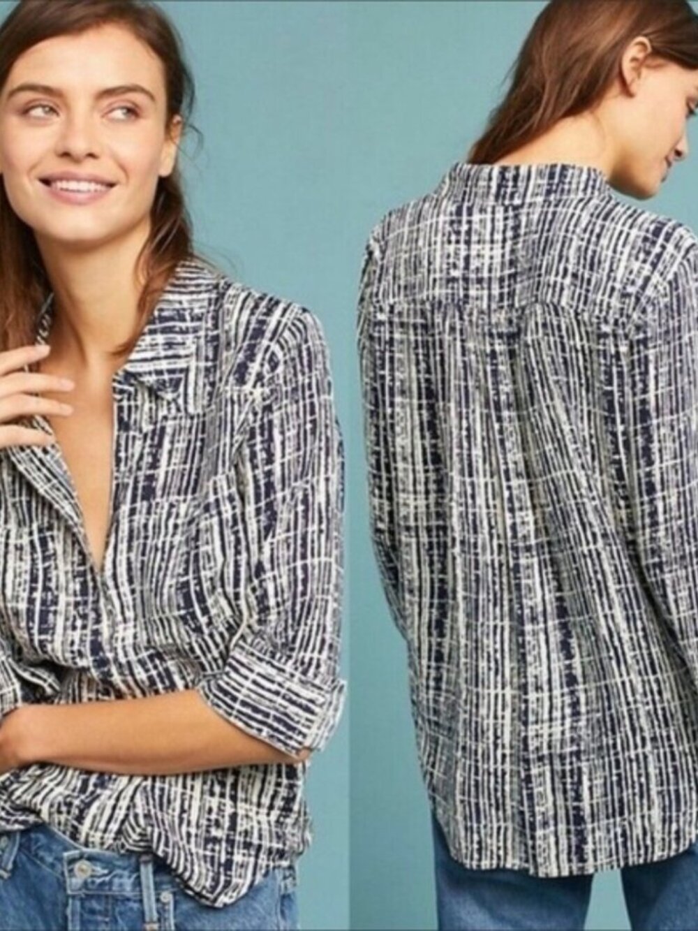 HOLDING HORSES Sammie Button Down Blue White printed blouse size 10 anthro